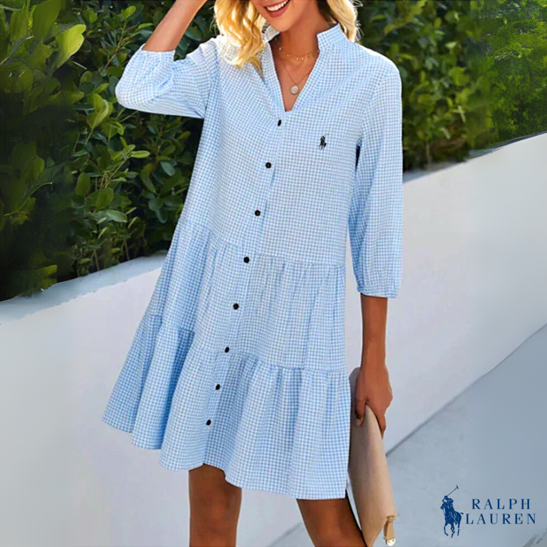 Sommerliches Hemdkleid mit Vichy-Karomuster und V-Ausschnitt von R. Ꮮаᴜгеn + gratis Sonnenhut von R. Ꮮаᴜгеn