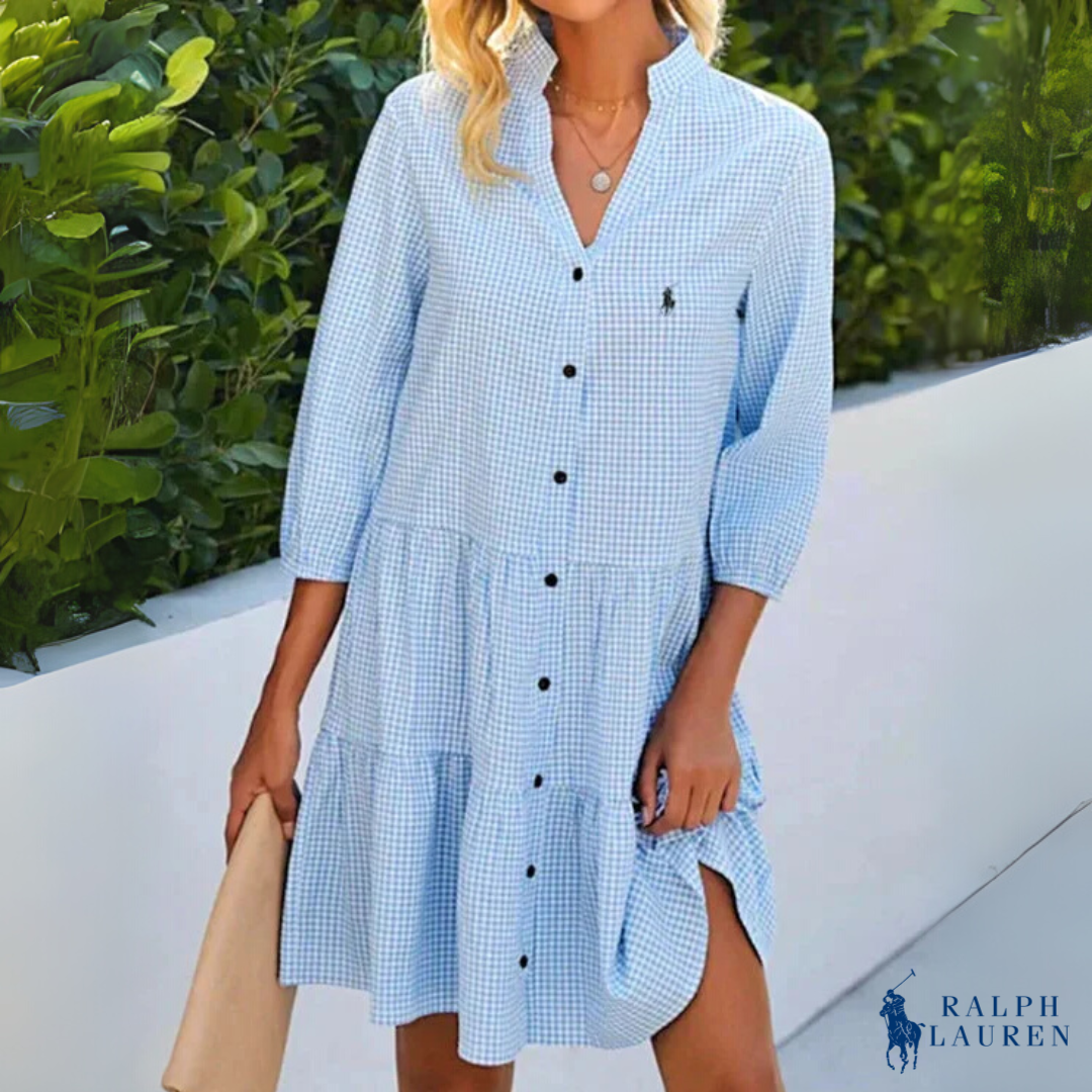 Sommerliches Hemdkleid mit Vichy-Karomuster und V-Ausschnitt von R. Ꮮаᴜгеn + gratis Sonnenhut von R. Ꮮаᴜгеn