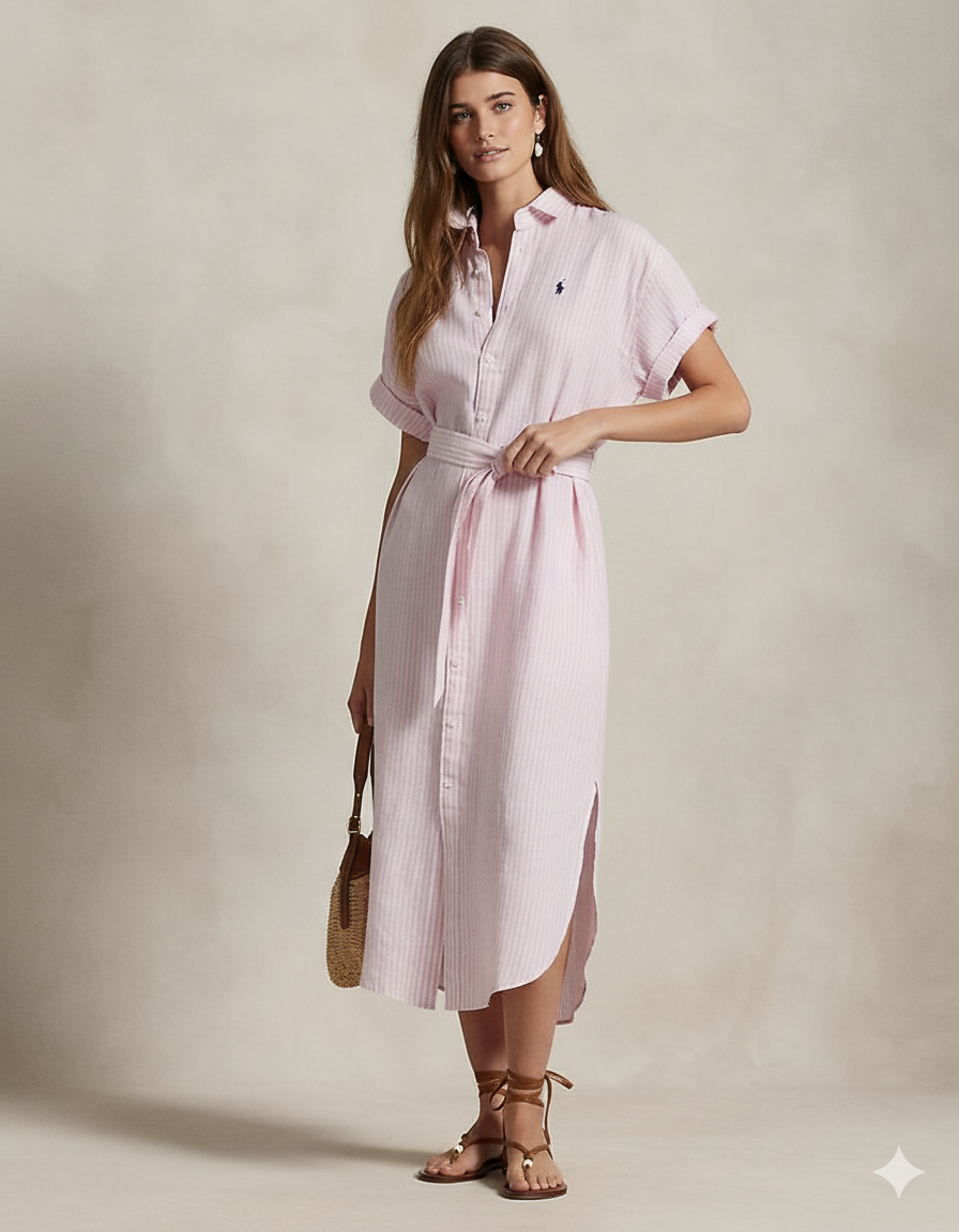 Gestreiftes Kurzarmhemdkleid aus Leinen