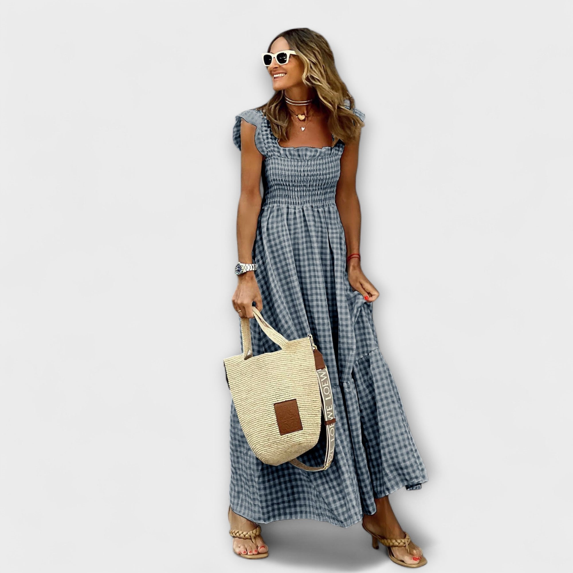 Checked Maxi Dress with Ruffle Sleeves
