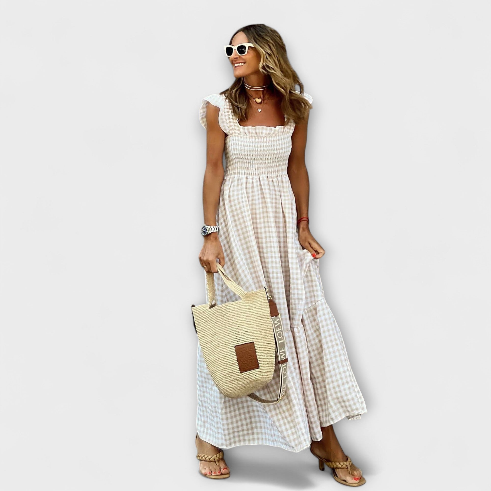 Checked Maxi Dress with Ruffle Sleeves