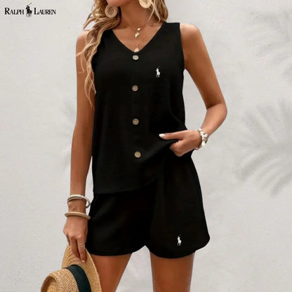 R. Ꮮаᴜгеn Set aus Tanktop und Shorts mit Knöpfen