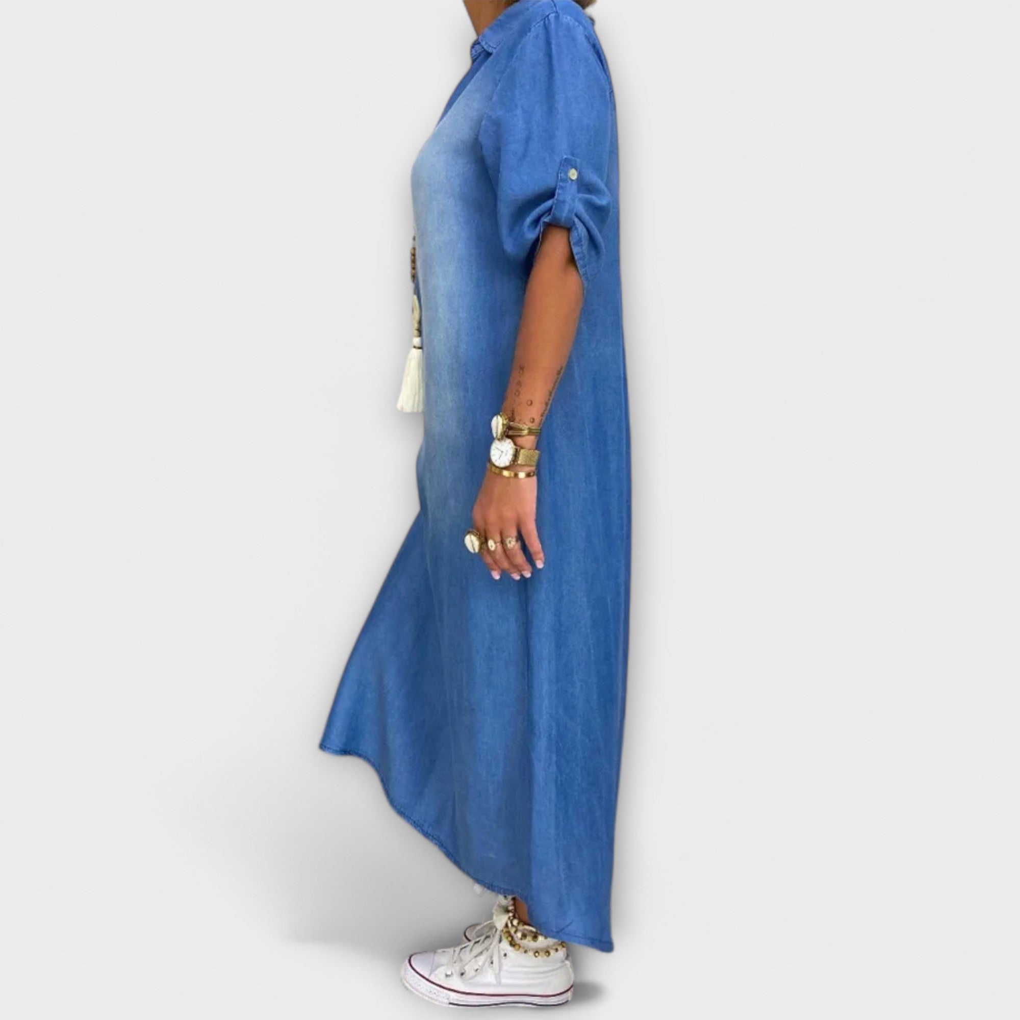 Lea - Long Denim-Look Dress with Side Slit