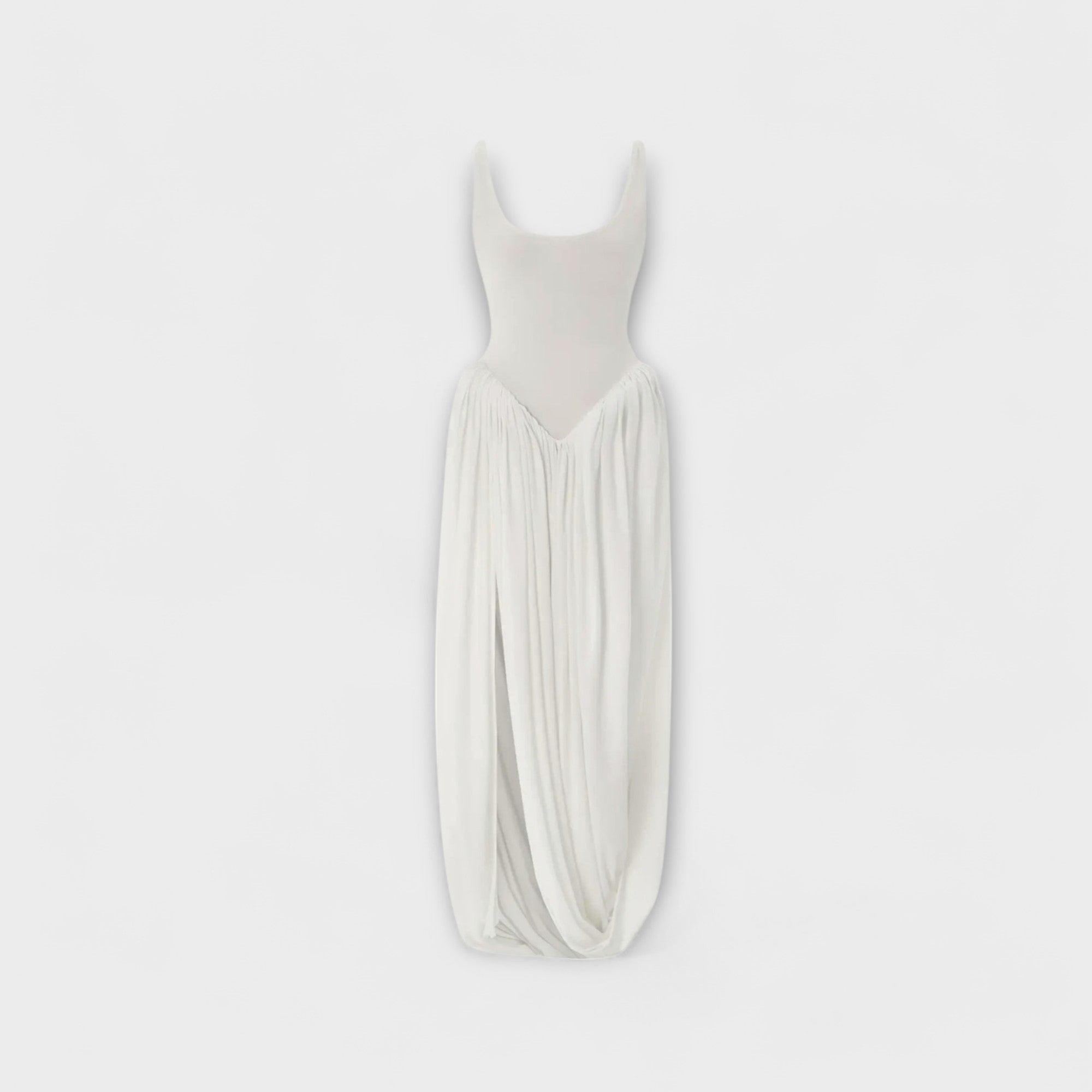 Draped Maxi Dress with Sculptural Skirt and Side Slit