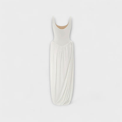 Draped Maxi Dress with Sculptural Skirt and Side Slit