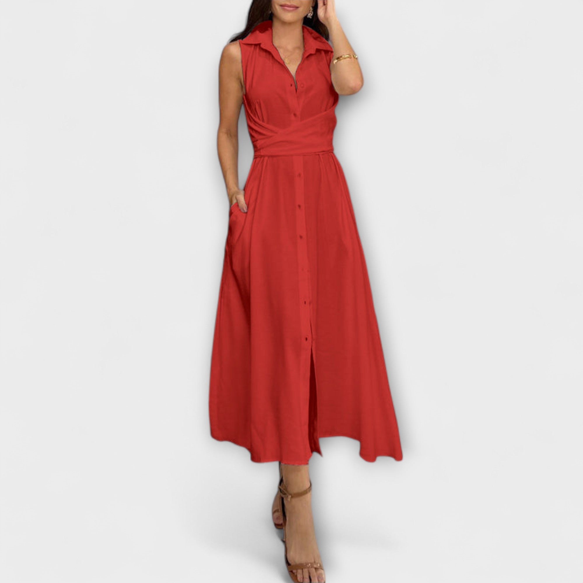Mira - Eye-catching, single-breasted midi dress with tie detail