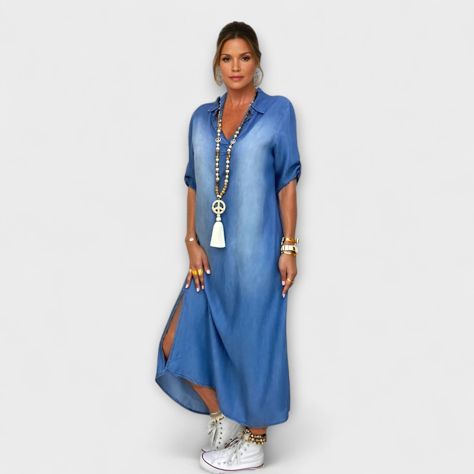 Lea - Long Denim-Look Dress with Side Slit