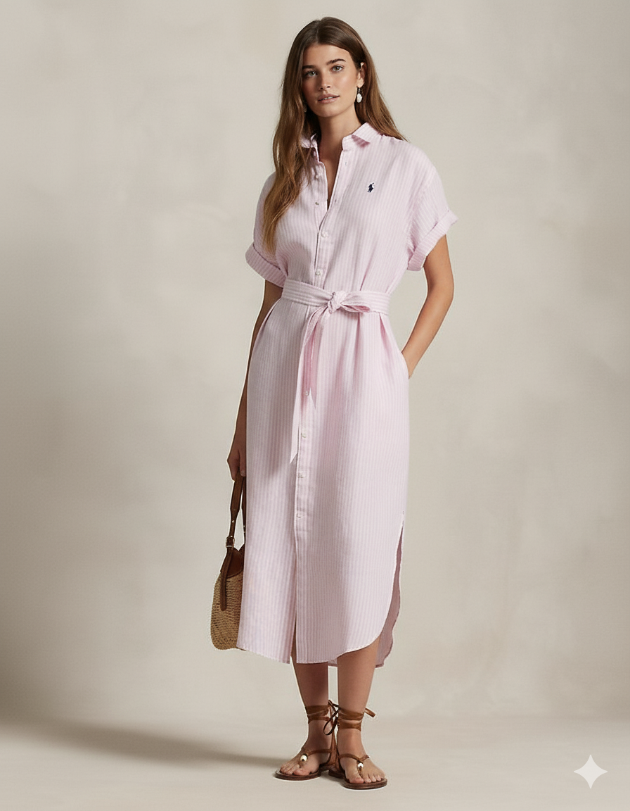 Gestreiftes Kurzarmhemdkleid aus Leinen