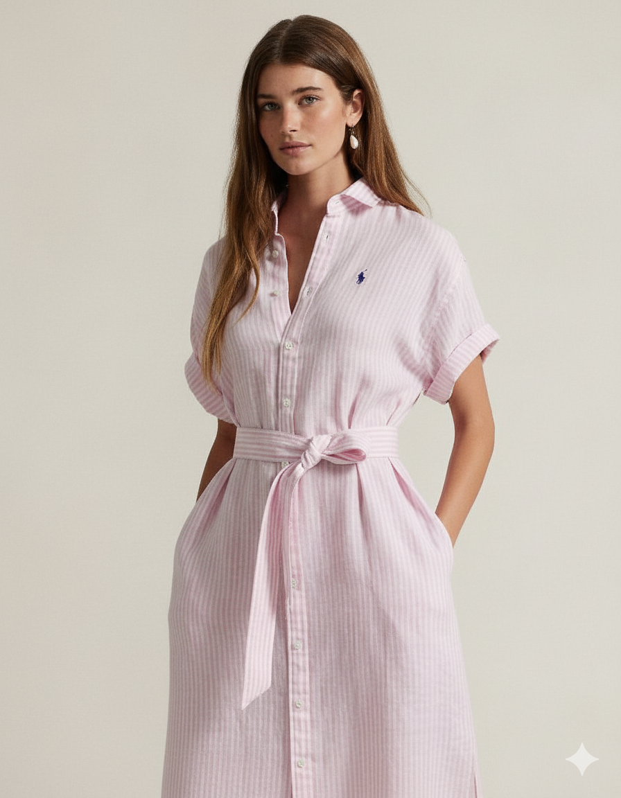 Gestreiftes Kurzarmhemdkleid aus Leinen