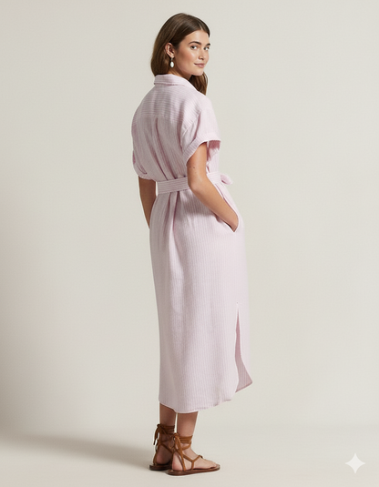 Gestreiftes Kurzarmhemdkleid aus Leinen