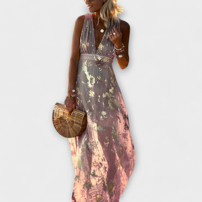 Flowy Dress with V-Neck and Sequin Details