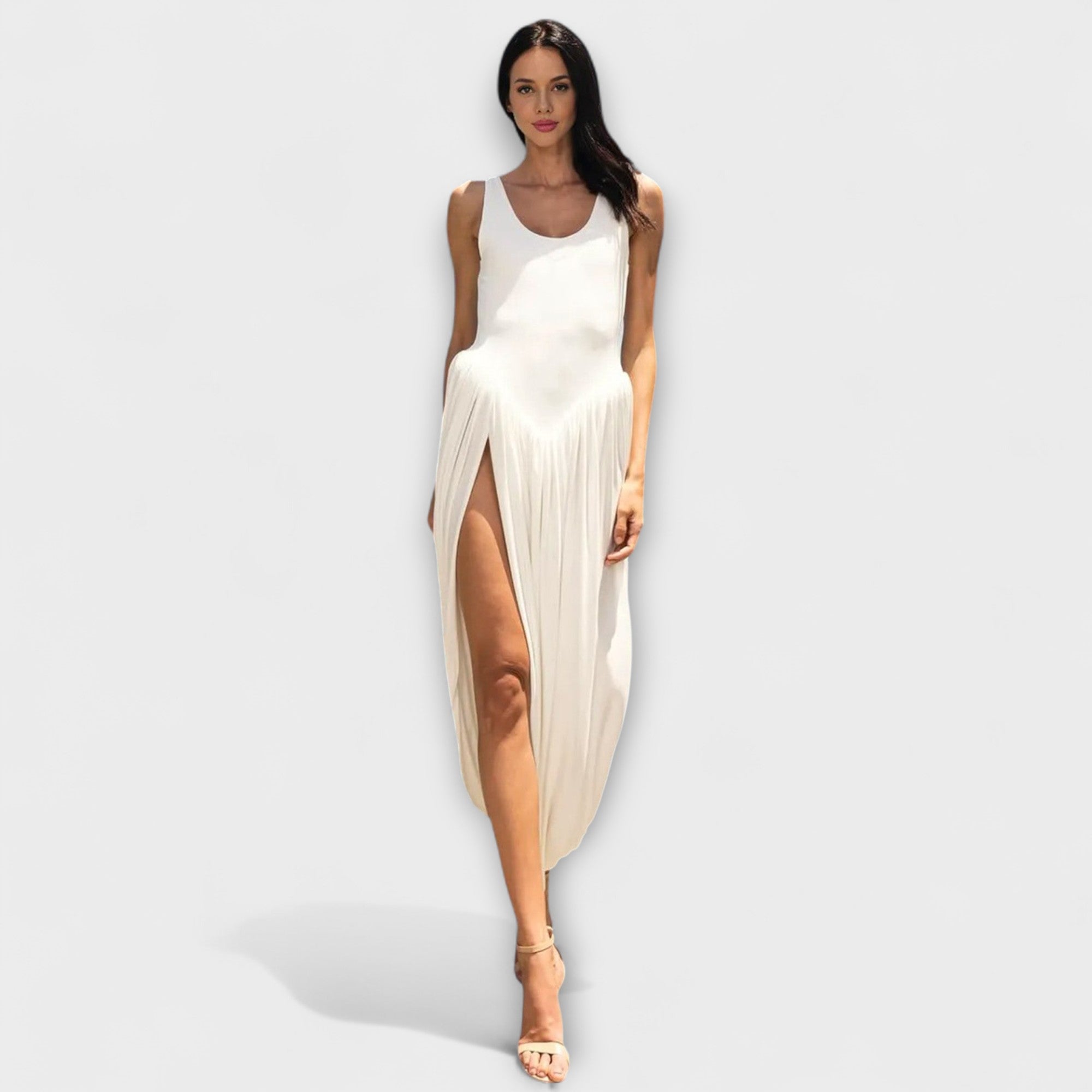Draped Maxi Dress with Sculptural Skirt and Side Slit