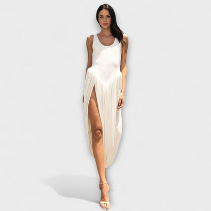 Draped Maxi Dress with Sculptural Skirt and Side Slit