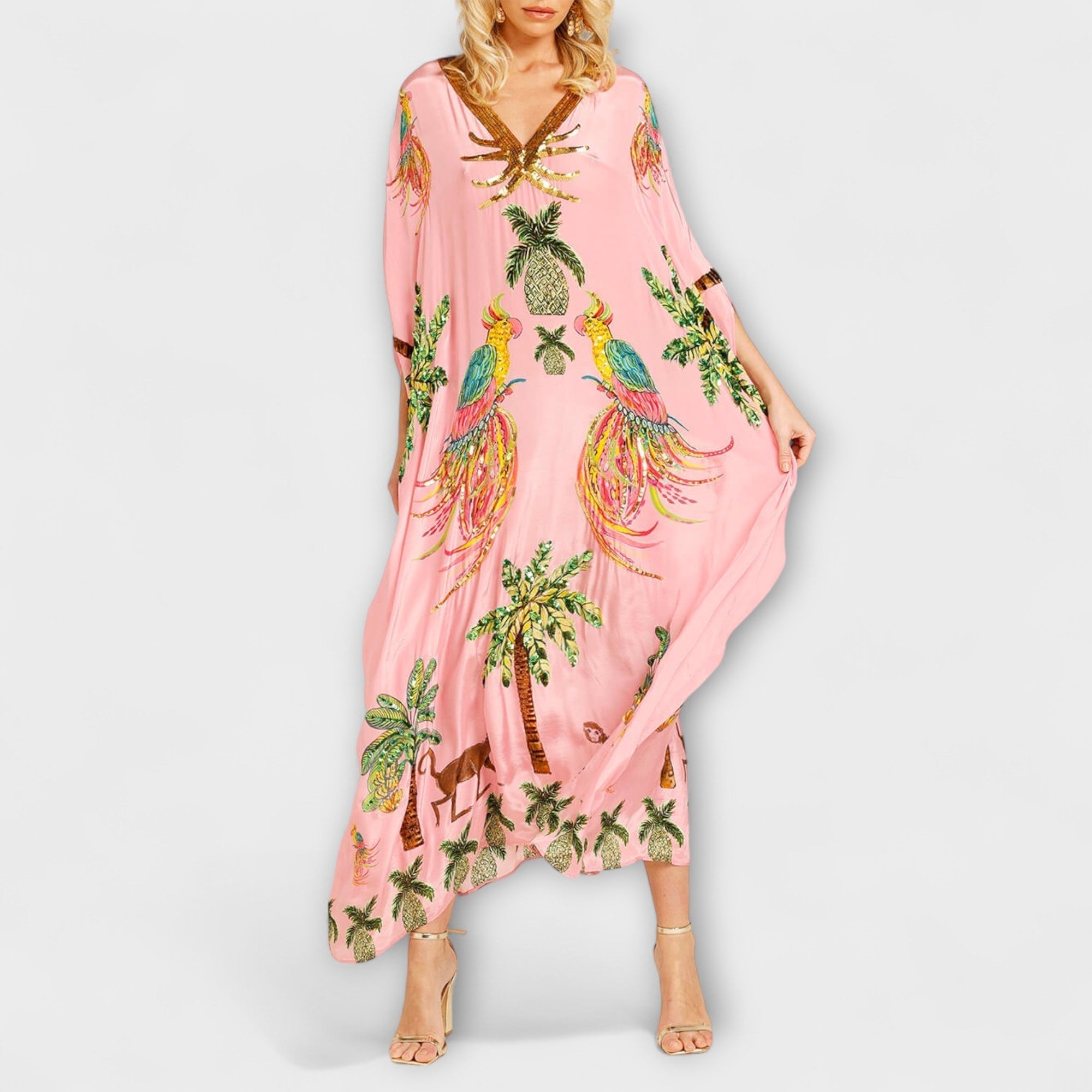 Linda - Eye-catching dress with off-shoulder design and coconut tree print